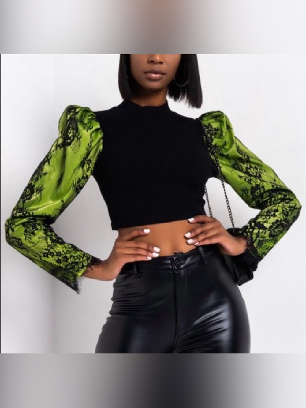 AKIRA Black Crop Top with Lime Green Lace Puff Sleeves